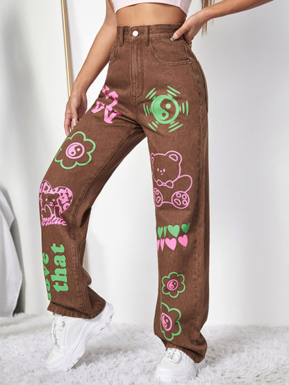 Graffiti Graphics On The Front Wide-leg Silhouette Jeans kakaclo