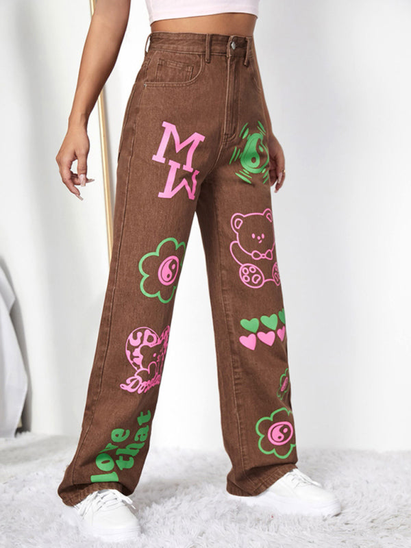 Graffiti Graphics On The Front Wide-leg Silhouette Jeans kakaclo