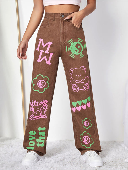 Graffiti Graphics On The Front Wide-leg Silhouette Jeans kakaclo