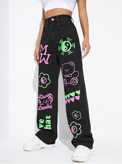 Graffiti Graphics On The Front Wide-leg Silhouette Jeans kakaclo
