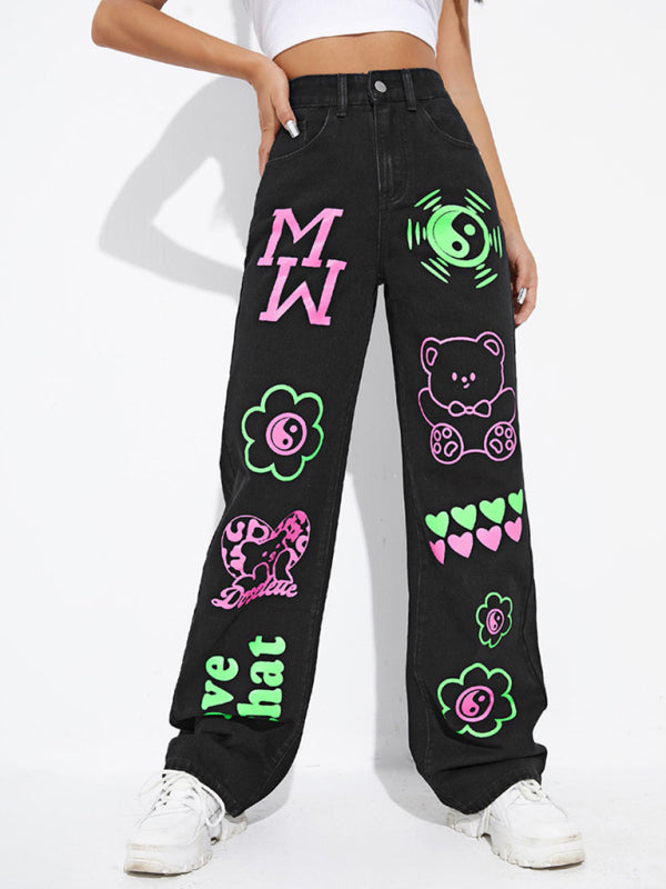 Graffiti Graphics On The Front Wide-leg Silhouette Jeans kakaclo