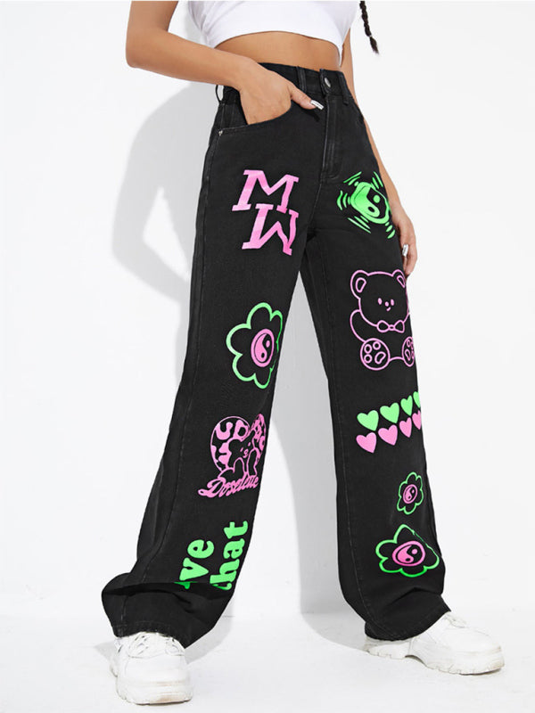 Graffiti Graphics On The Front Wide-leg Silhouette Jeans kakaclo