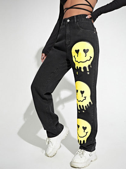 High-rise Smiley-print Bootcut Jean kakaclo