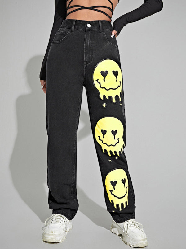 High-rise Smiley-print Bootcut Jean kakaclo