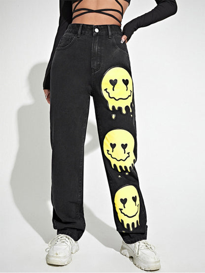 High-rise Smiley-print Bootcut Jean kakaclo