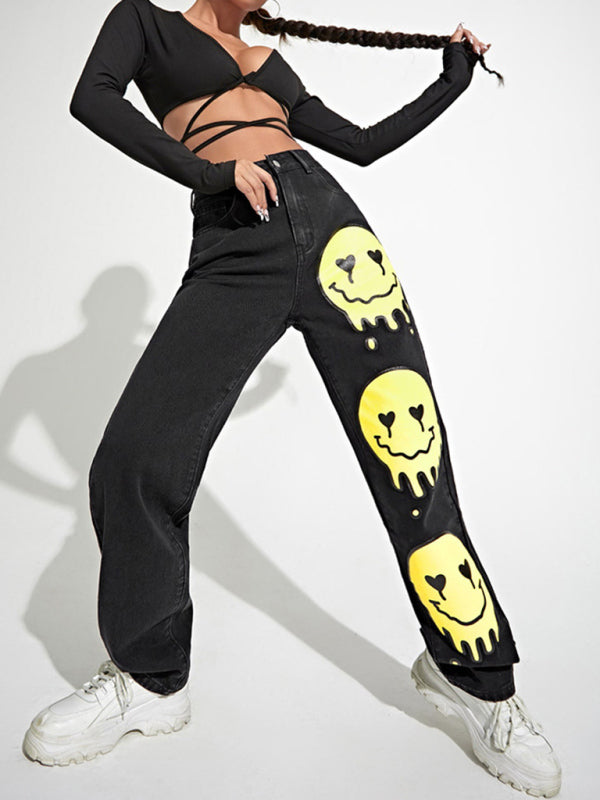 High-rise Smiley-print Bootcut Jean kakaclo
