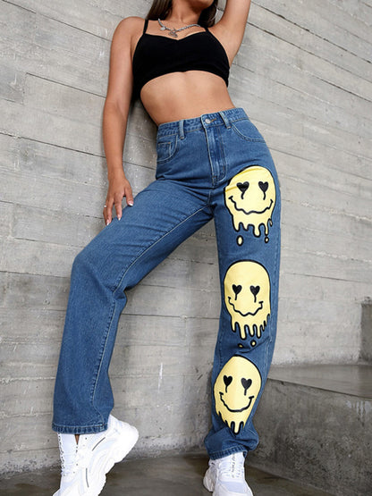 High-rise Smiley-print Bootcut Jean kakaclo