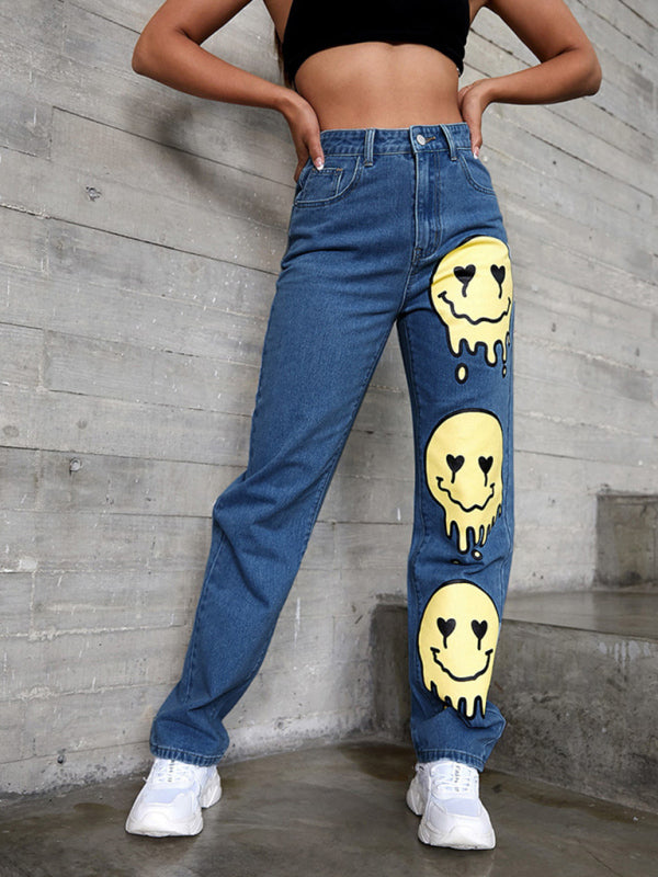 High-rise Smiley-print Bootcut Jean kakaclo