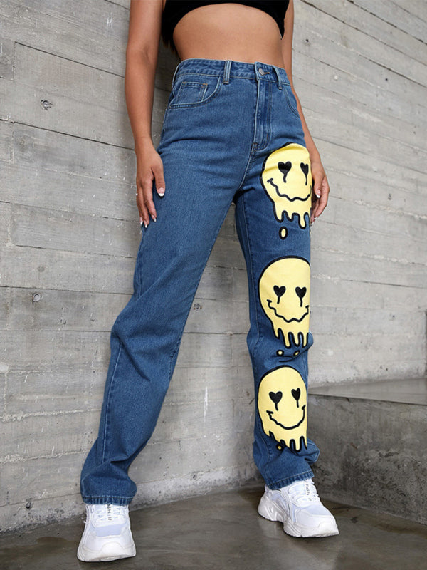 High-rise Smiley-print Bootcut Jean kakaclo