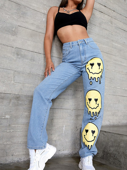 High-rise Smiley-print Bootcut Jean kakaclo