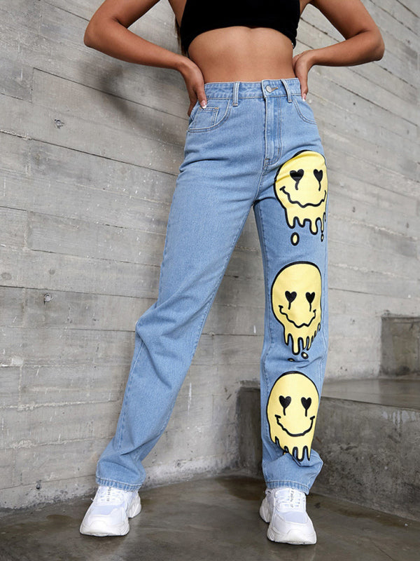 High-rise Smiley-print Bootcut Jean kakaclo