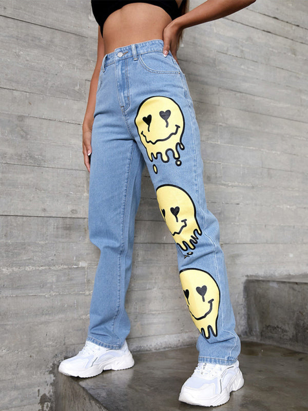 High-rise Smiley-print Bootcut Jean kakaclo