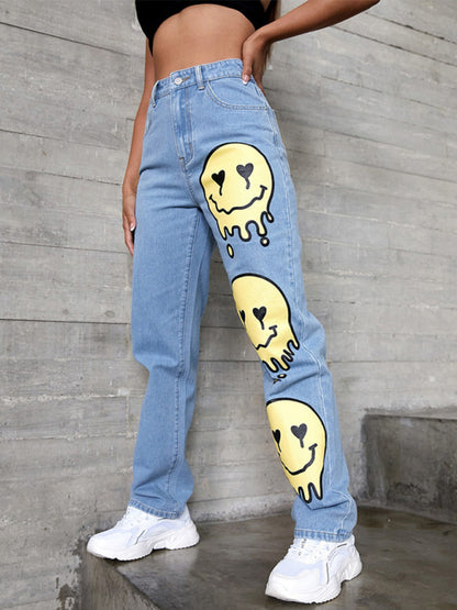 High-rise Smiley-print Bootcut Jean kakaclo