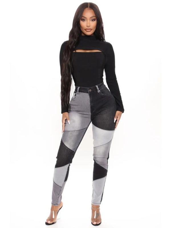 High Waist Colorblock Skinny Jeans kakaclo