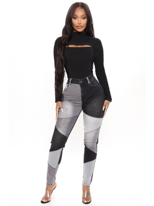 High Waist Colorblock Skinny Jeans kakaclo