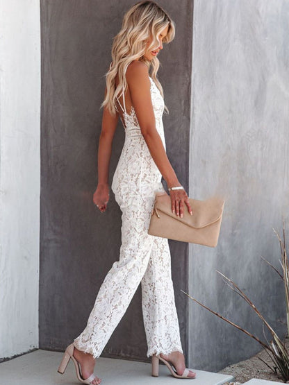 Temperament Elegant Lace Jumpsuit Mid Waist Casual Pants Smooth Lining kakaclo