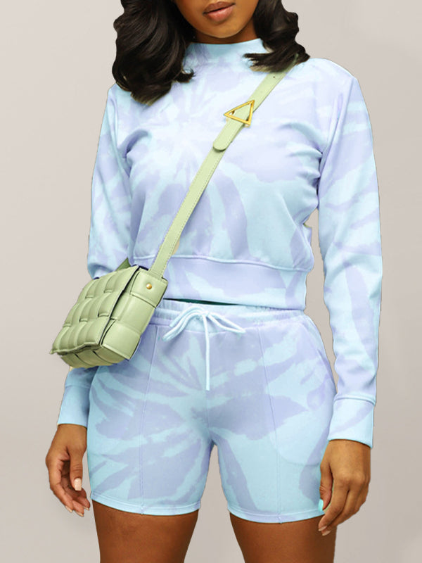 Tie-dye Printed Round Neck Pullover Long sleeve + Shorts Two-piece Set kakaclo