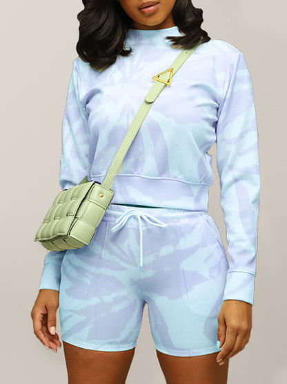 Tie-dye Printed Round Neck Pullover Long sleeve + Shorts Two-piece Set kakaclo