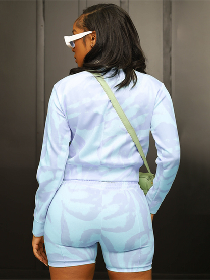 Tie-dye Printed Round Neck Pullover Long sleeve + Shorts Two-piece Set kakaclo