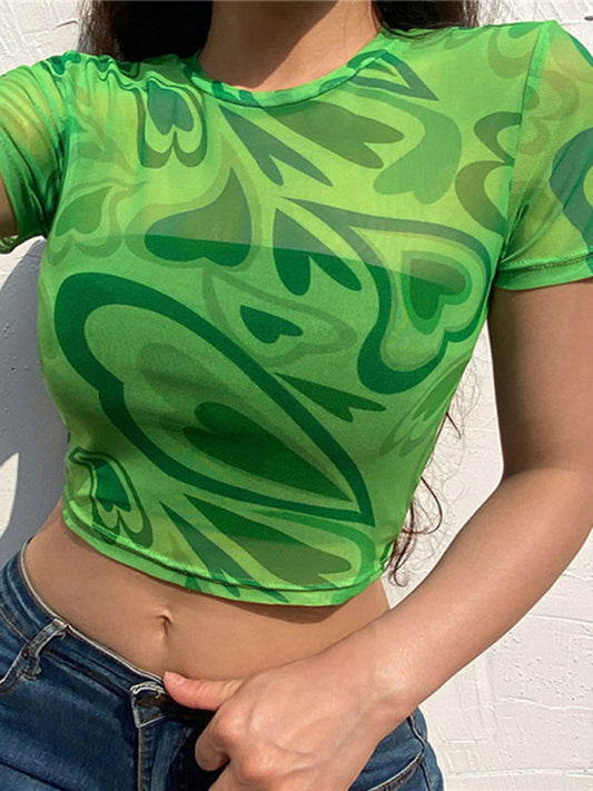 Sheer And Stretchy Mesh Hearts All Over Cropped Top kakaclo