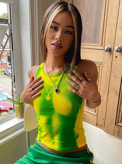 Crew Neck Pop Muscle Tank Top With Four-leaf Clover Print kakaclo