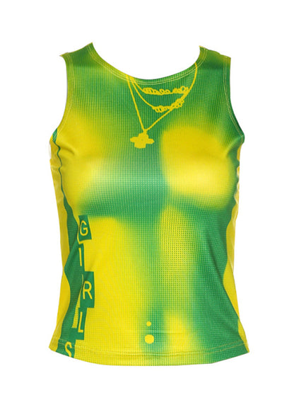 Crew Neck Pop Muscle Tank Top With Four-leaf Clover Print kakaclo