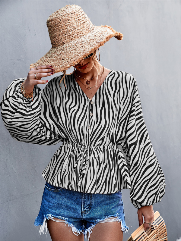 Zebra Print Button-front V-neck Long-sleeve Blouse kakaclo
