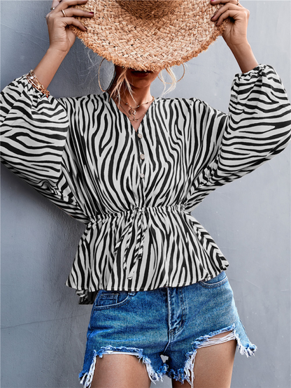 Zebra Print Button-front V-neck Long-sleeve Blouse kakaclo