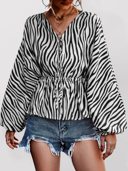 Zebra Print Button-front V-neck Long-sleeve Blouse kakaclo