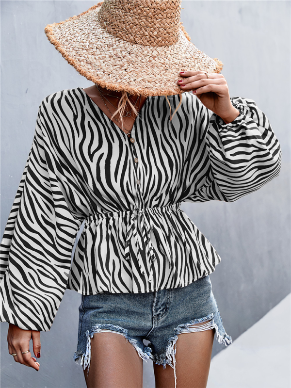 Zebra Print Button-front V-neck Long-sleeve Blouse kakaclo