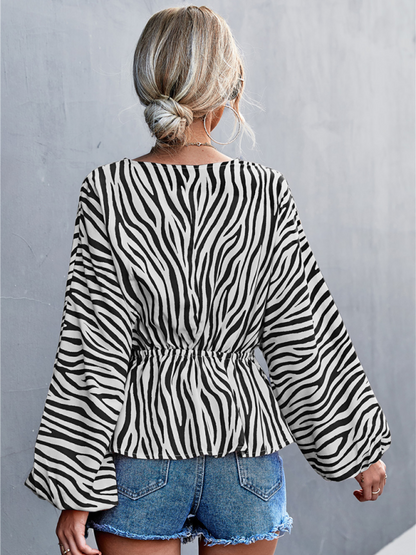 Zebra Print Button-front V-neck Long-sleeve Blouse kakaclo