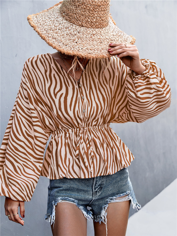 Zebra Print Button-front V-neck Long-sleeve Blouse kakaclo