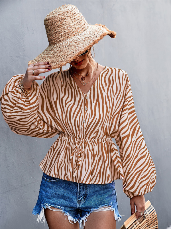 Zebra Print Button-front V-neck Long-sleeve Blouse kakaclo