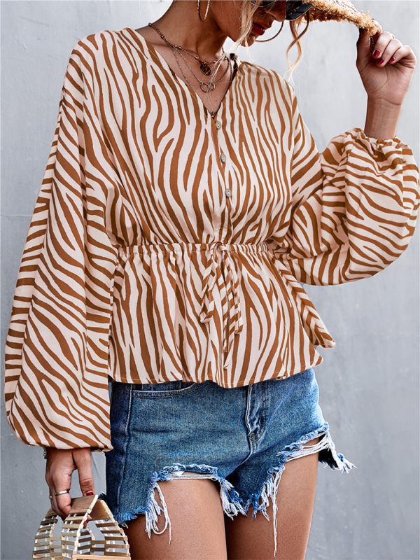 Zebra Print Button-front V-neck Long-sleeve Blouse kakaclo