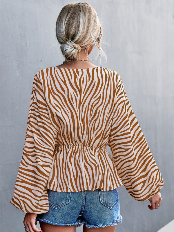 Zebra Print Button-front V-neck Long-sleeve Blouse kakaclo