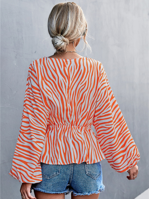 Zebra Print Button-front V-neck Long-sleeve Blouse kakaclo