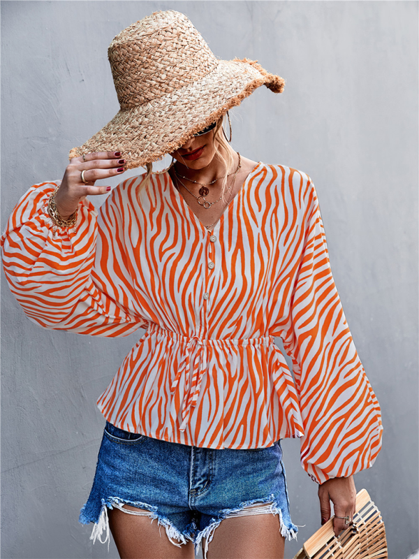 Zebra Print Button-front V-neck Long-sleeve Blouse kakaclo