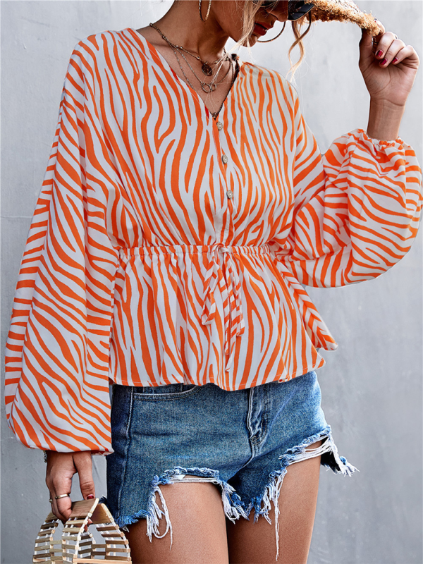 Zebra Print Button-front V-neck Long-sleeve Blouse kakaclo