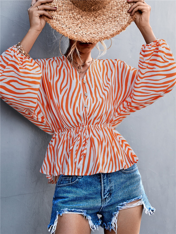 Zebra Print Button-front V-neck Long-sleeve Blouse kakaclo