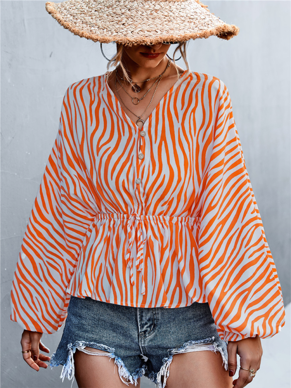 Zebra Print Button-front V-neck Long-sleeve Blouse kakaclo