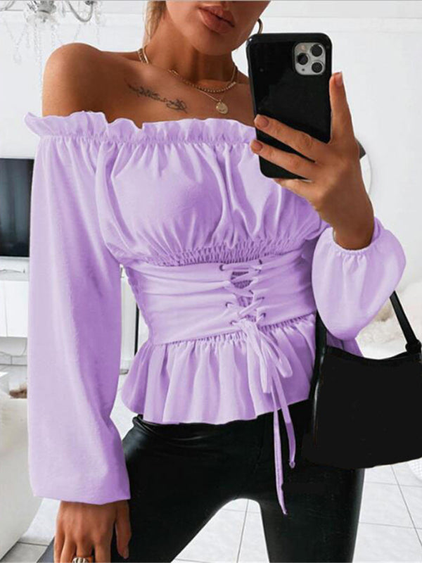 Solid Color Off-the-shoulder Smocked Waist Belied Top kakaclo