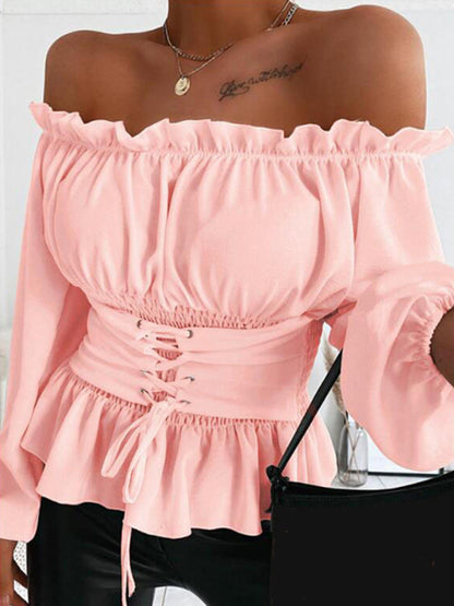 Solid Color Off-the-shoulder Smocked Waist Belied Top kakaclo