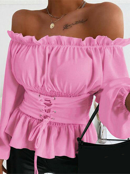 Solid Color Off-the-shoulder Smocked Waist Belied Top kakaclo
