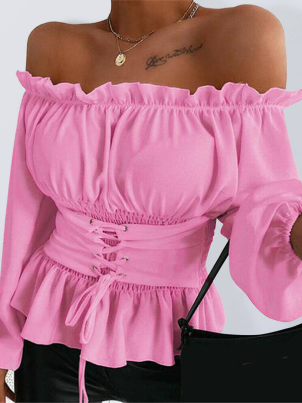 Solid Color Off-the-shoulder Smocked Waist Belied Top kakaclo