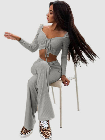 Long Sleeve Square Neck Shirt & Pant Set kakaclo