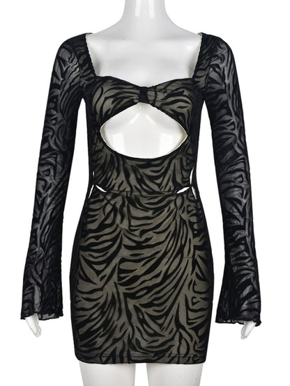 Solid Color Cutout Zebra Print Flocked Mesh Midi Dress kakaclo