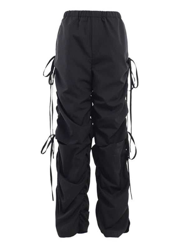 Solid Color Wide Leg Drawstring Cargo Pants kakaclo