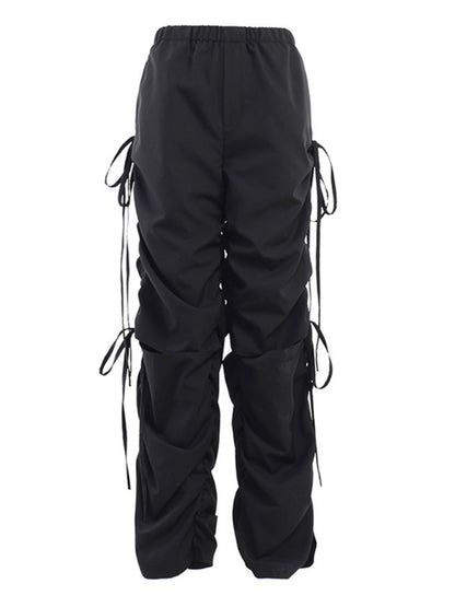 Solid Color Wide Leg Drawstring Cargo Pants kakaclo