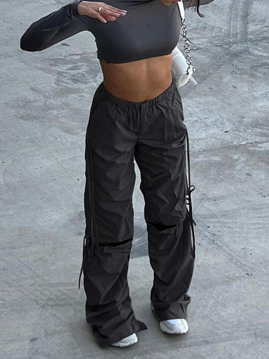 Solid Color Wide Leg Drawstring Cargo Pants kakaclo