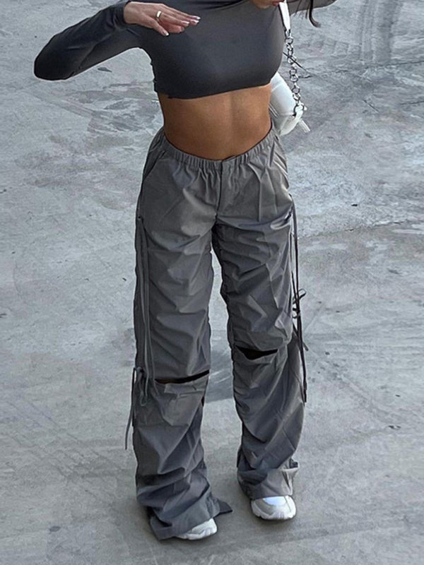 Solid Color Wide Leg Drawstring Cargo Pants kakaclo